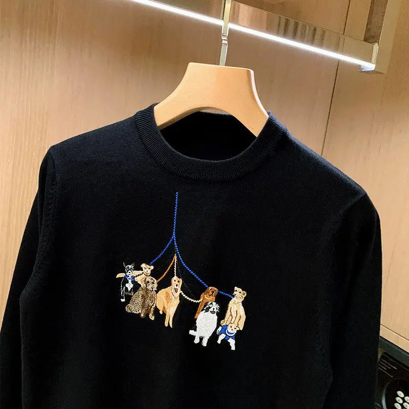 BeClassic™ Embroidered Dog Knit Sweater – Chic Long Sleeve Pullover with Playful Detailing.