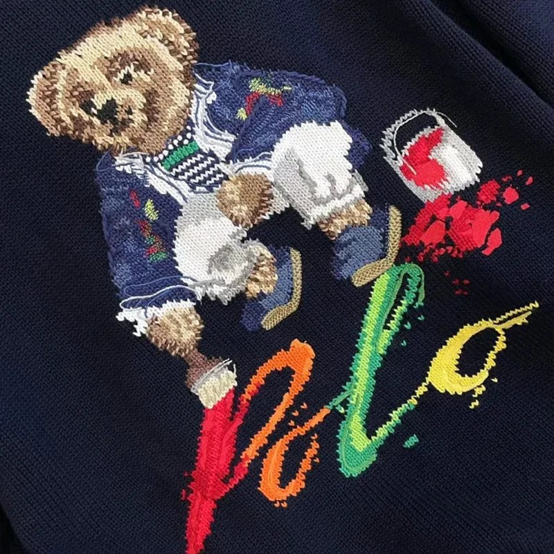 BeClassic™ 2025 Embroidered RL Bear Sweater – Cozy Cotton Knit for Couples, Autumn & Winter Style.