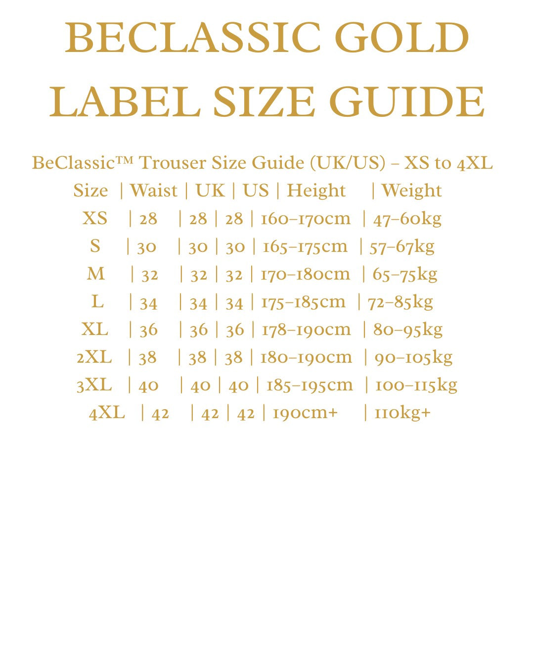 Size Guide for BeClassic™ Stretch Cotton Chinos – Plus-Size Straight Fit Trousers in Classic Colors.
