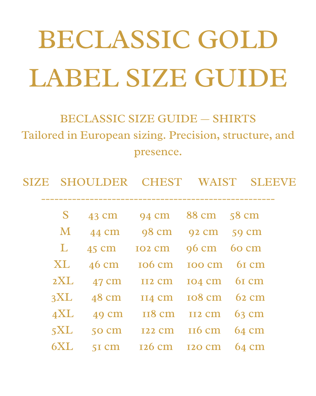 Size Guide for BeClassic™ French Cuff Dress Shirt – White Long Sleeve Formalwear with Cufflinks for Weddings & Events (M–6XL).