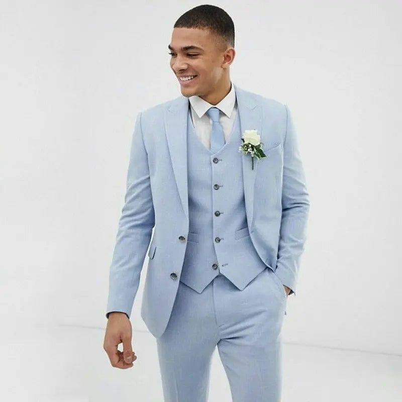 BeClassic™ Light Blue Linen Three-Piece Suit – Slim-Fit Groom Tuxedo for Weddings & Events.