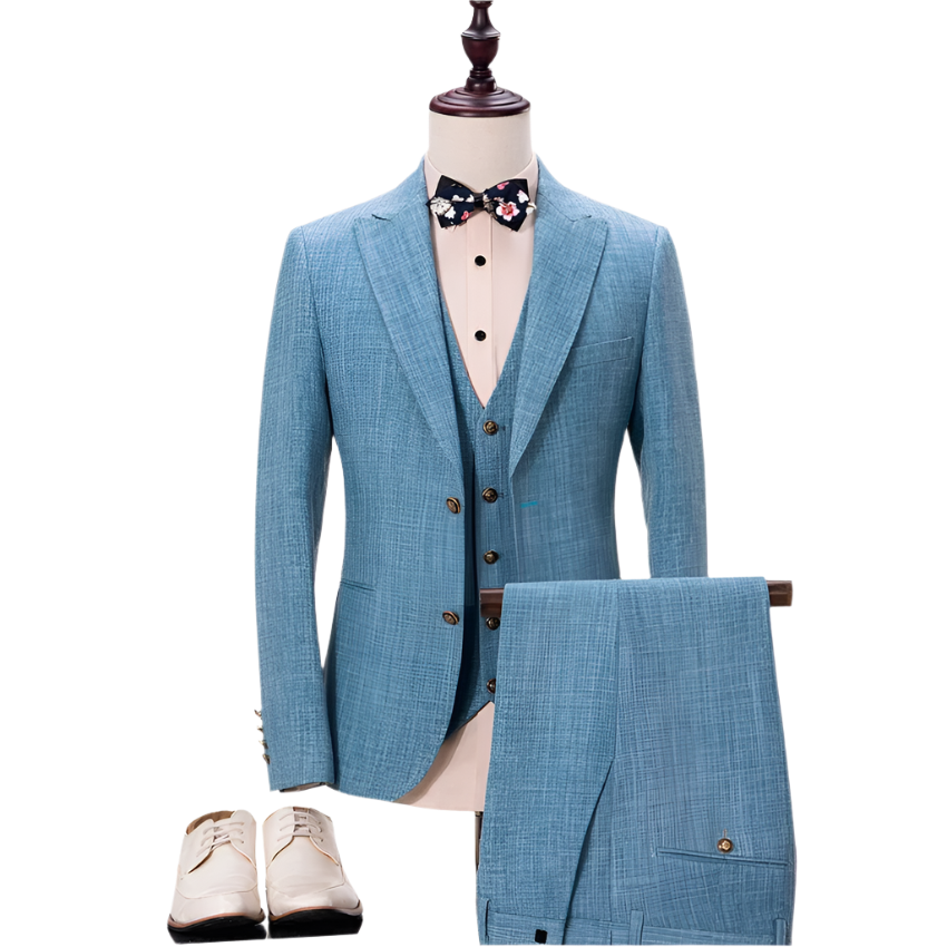 BeClassic™ Tailored Linen Tuxedo – Slim-Fit Three-Piece Wedding Suit with Peaked Lapel Elegance.