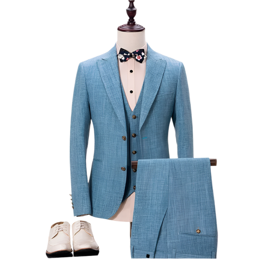 BeClassic™ Tailored Linen Tuxedo – Slim-Fit Three-Piece Wedding Suit with Peaked Lapel Elegance.