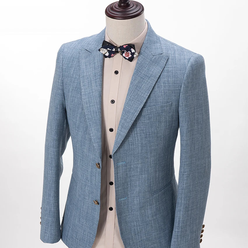 BeClassic™ Tailored Linen Tuxedo – Slim-Fit Three-Piece Wedding Suit with Peaked Lapel Elegance.