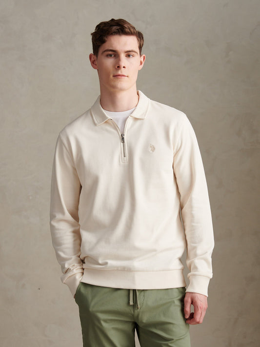 Mens Loopback Zip Polo Sweatshirt Whisper White