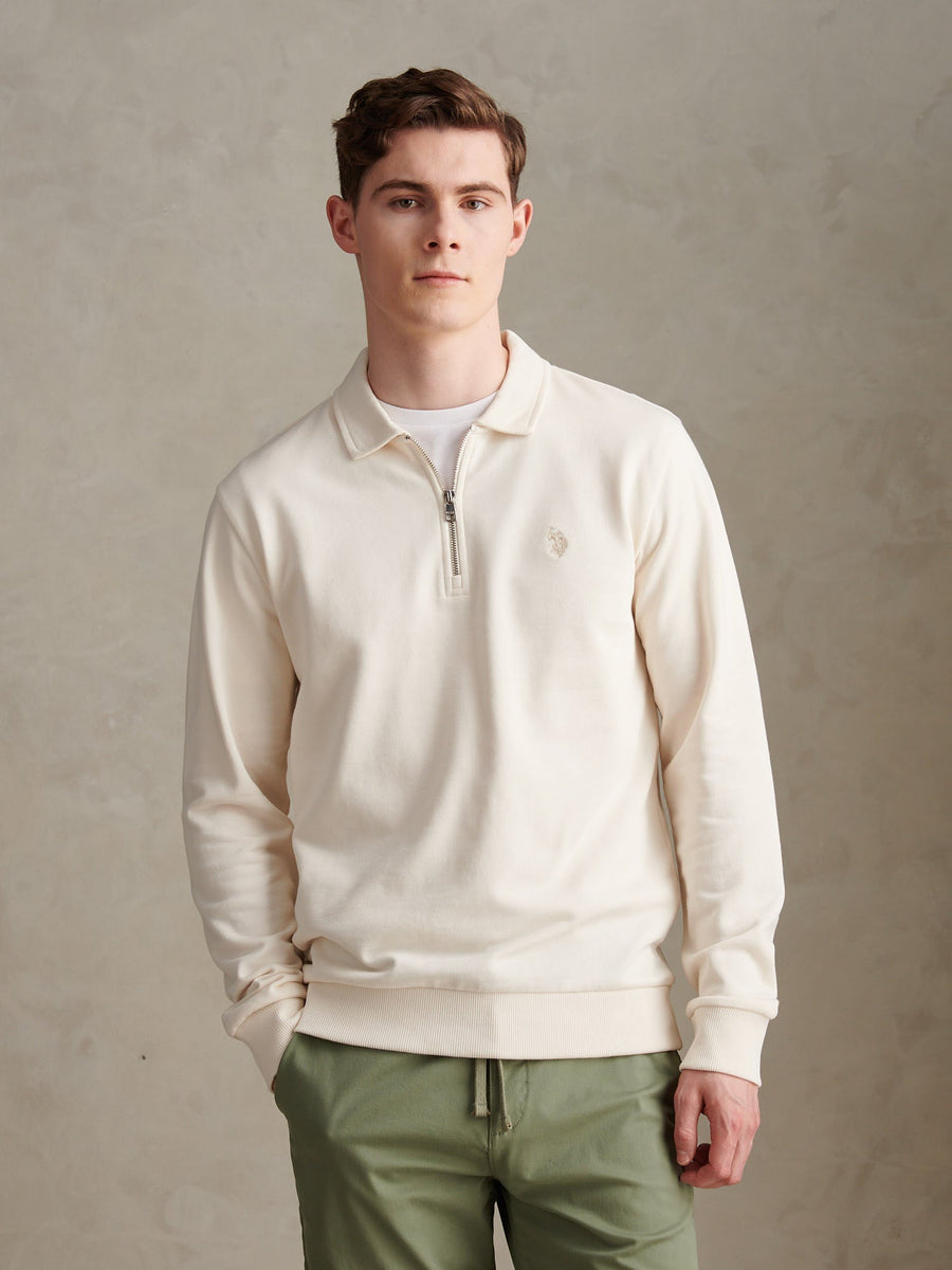 Mens Loopback Zip Polo Sweatshirt Whisper White