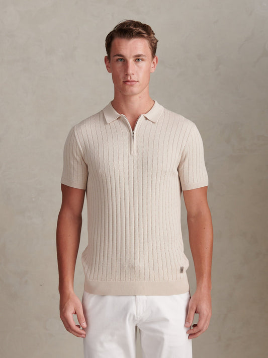 Mens Zip Knit Short Sleeve Polo Shirt Beige