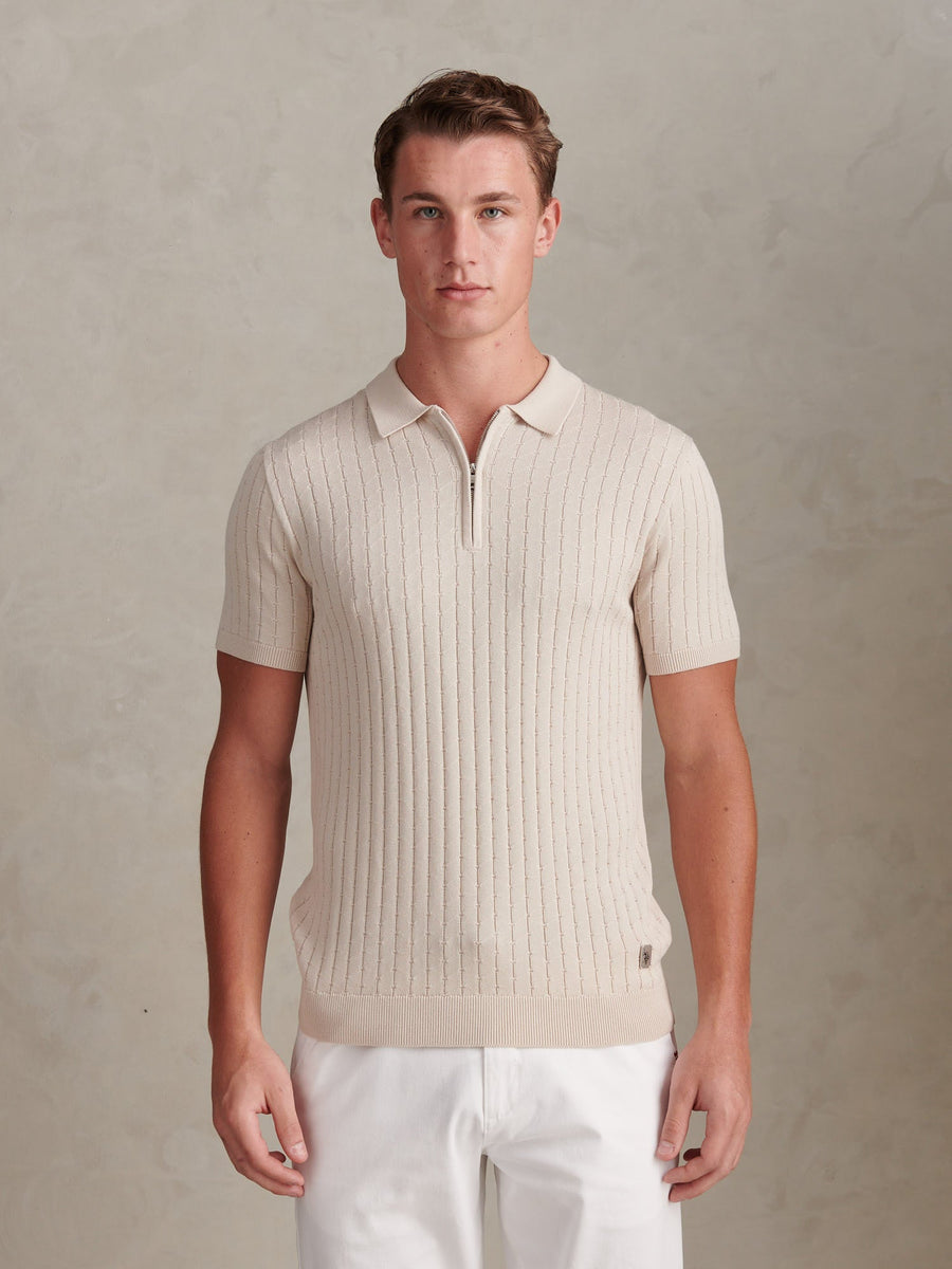 Mens Zip Knit Short Sleeve Polo Shirt Beige