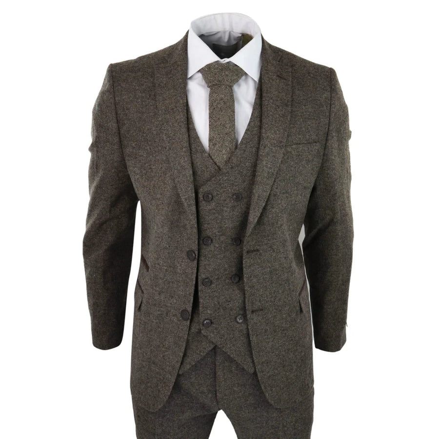 STZ31A - Men's Wool 3 Piece Suit Double Breast Waistcoat Tweed Blinders Classic 1920s Oak