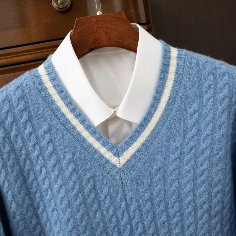 BeClassic™ 100% Wool V-Neck Sweater – Thick Color-Blocked Knit with Timeless Twisted Detailing.
