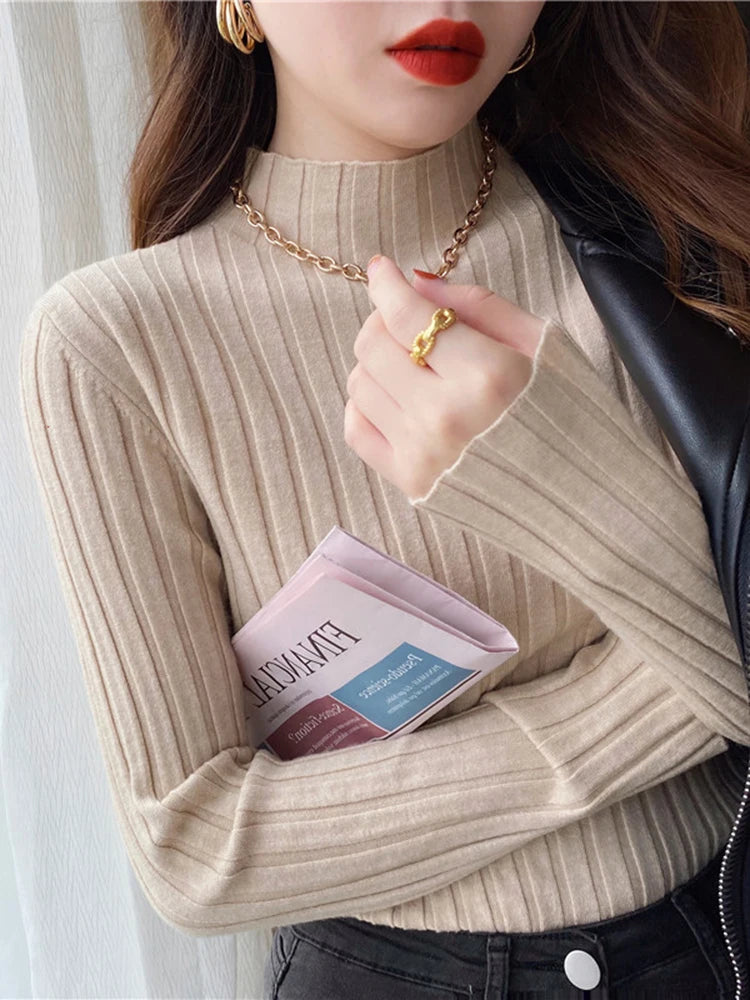 Autumn Winter Knitted Ribbed Turtleneck Sweater Women Clothes 2025 Long Sleeve Slim Basic Pullover Woman Sweaters Solid Tops