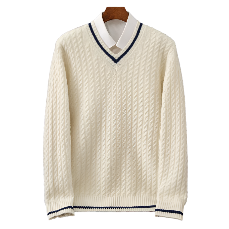 BeClassic™ 100% Wool V-Neck Sweater – Thick Color-Blocked Knit with Timeless Twisted Detailing.