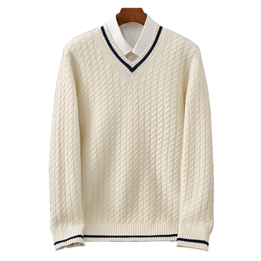 BeClassic™ 100% Wool V-Neck Sweater – Thick Color-Blocked Knit with Timeless Twisted Detailing.