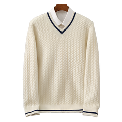 BeClassic™ 100% Wool V-Neck Sweater – Thick Color-Blocked Knit with Timeless Twisted Detailing.