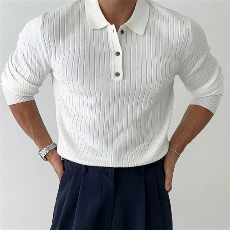 BeClassic™ Striped Knit Polo – Slim-Fit Long Sleeve Pullover for Business & Casual Elegance.