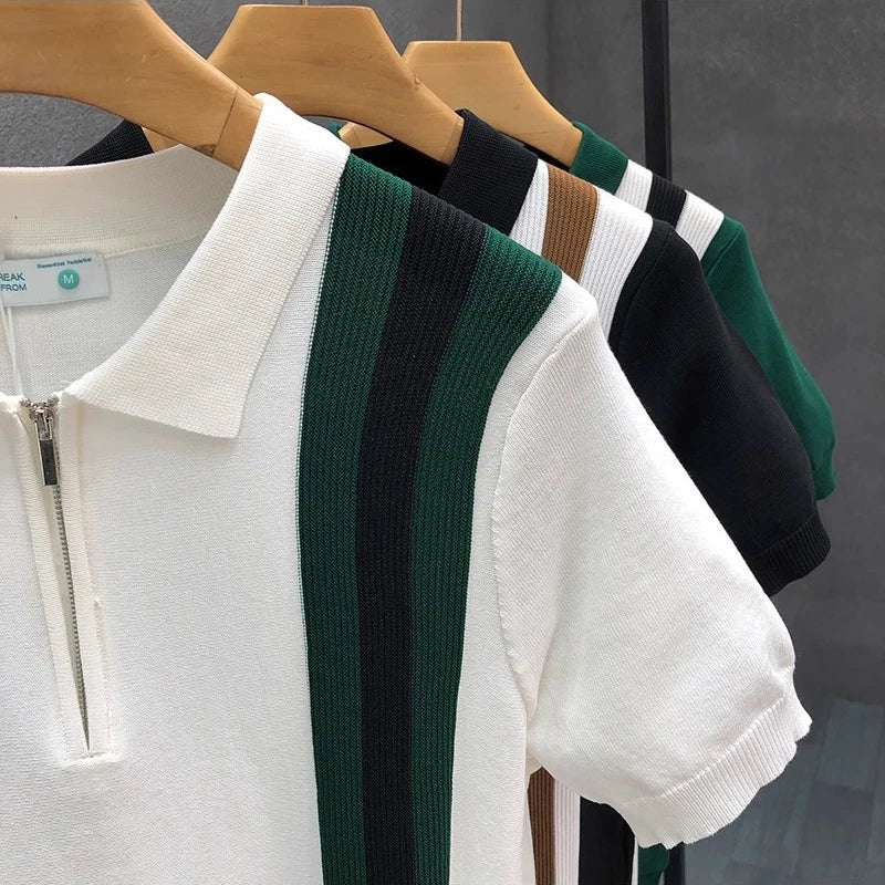 BeClassic™ Contrast Stripe Zipper Polo – Luxury Knit Short Sleeve for Modern Summer Style.
