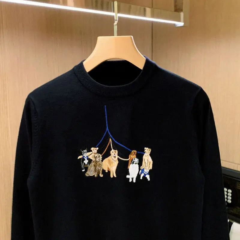 BeClassic™ Embroidered Dog Knit Sweater – Chic Long Sleeve Pullover with Playful Detailing.