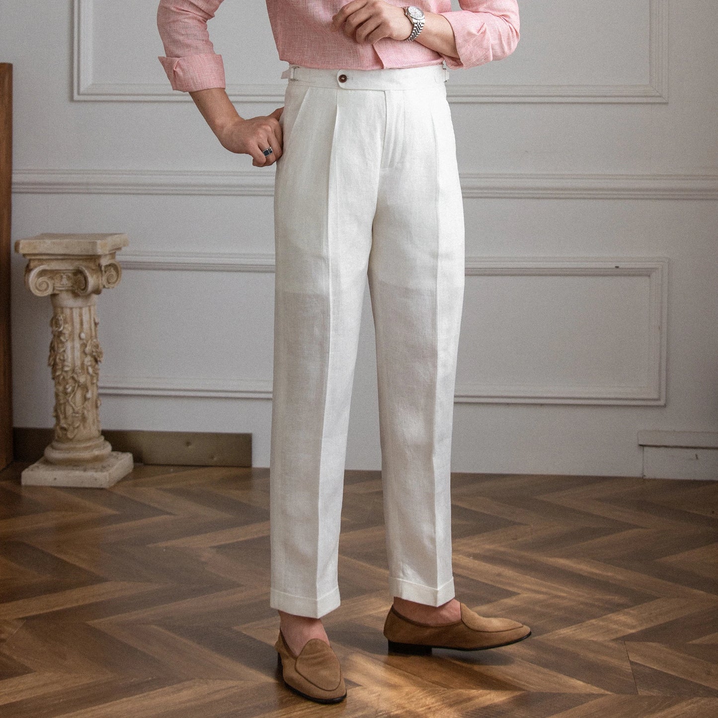 BeClassic™ Naples High-Waist Linen Pants – Heavyweight White Linen for Timeless Elegance.