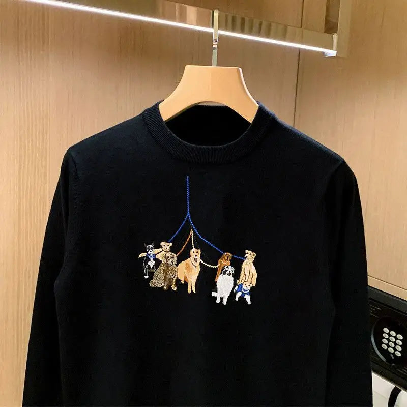 BeClassic™ Embroidered Dog Knit Sweater – Chic Long Sleeve Pullover with Playful Detailing.