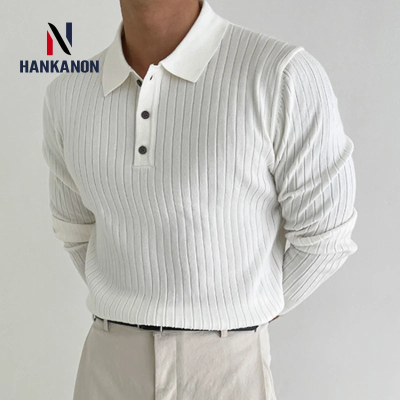 BeClassic™ Striped Knit Polo – Slim-Fit Long Sleeve Pullover for Business & Casual Elegance.