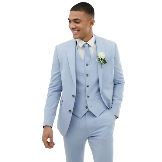 BeClassic™ Light Blue Linen Three-Piece Suit – Slim-Fit Groom Tuxedo for Weddings & Events.