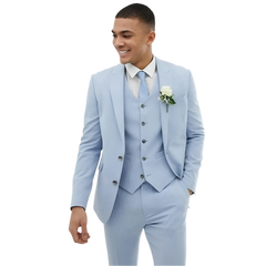 BeClassic™ Light Blue Linen Three-Piece Suit – Slim-Fit Groom Tuxedo for Weddings & Events.