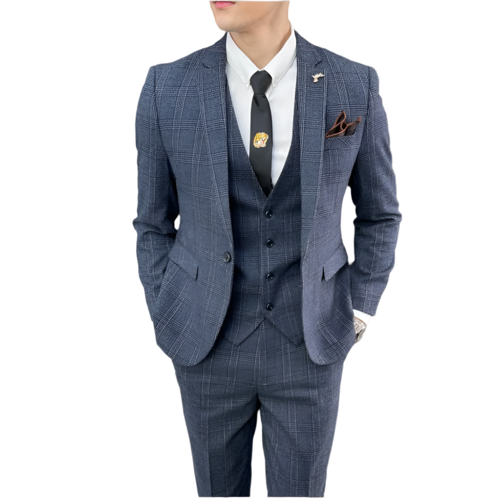 BeClassic™ Tailored Plaid Three-Piece Suit – British-Korean Elegance for Business & Events