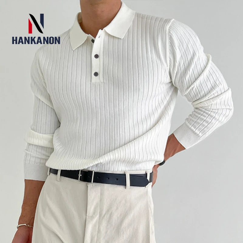 BeClassic™ Striped Knit Polo – Slim-Fit Long Sleeve Pullover for Business & Casual Elegance.