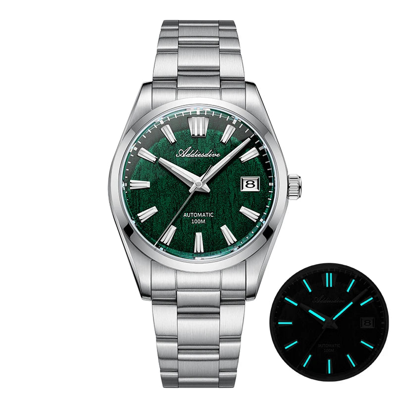 BeClassic™ ADDIESDIVE NH35 Automatic – Classic Green Dial Watch with Bark Texture & Sapphire Glass, 100M Waterproof.