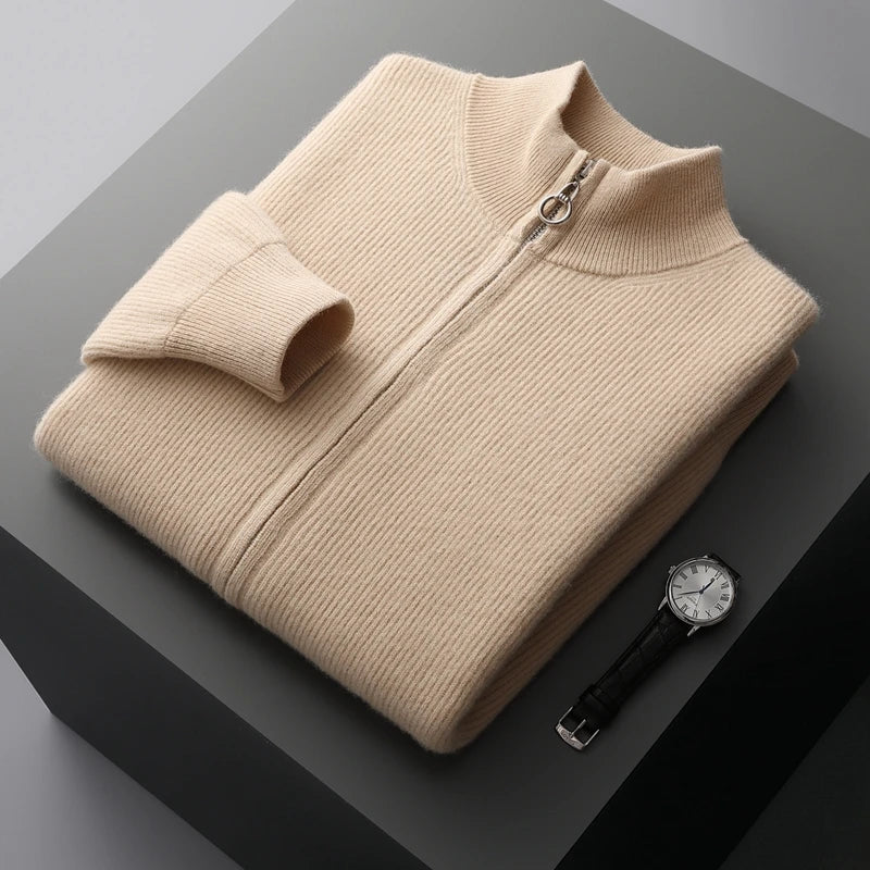 BeClassic™ 100% Pure Cashmere Zipper Cardigan – High-Collar Luxury Knit for Autumn & Winter.