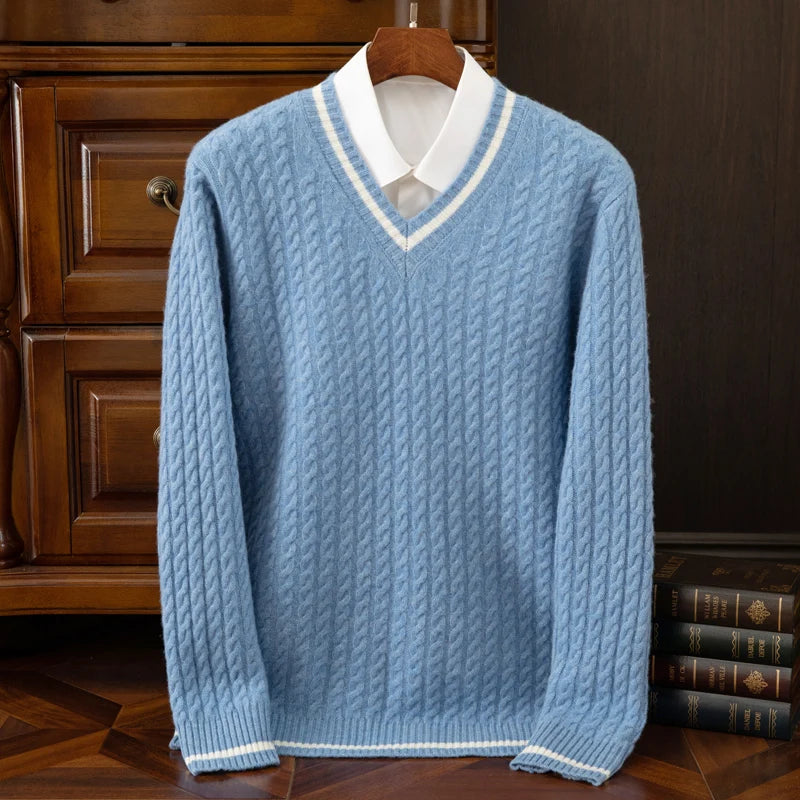 BeClassic™ 100% Wool V-Neck Sweater – Thick Color-Blocked Knit with Timeless Twisted Detailing.