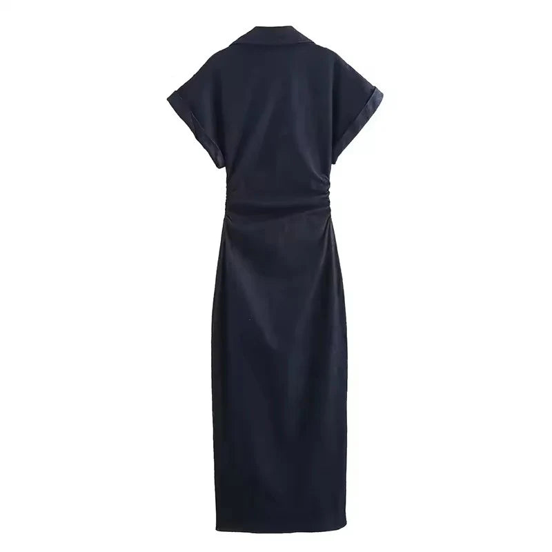 BeClassic Monoco Ruched Denim Midi Dress – Urban Ease