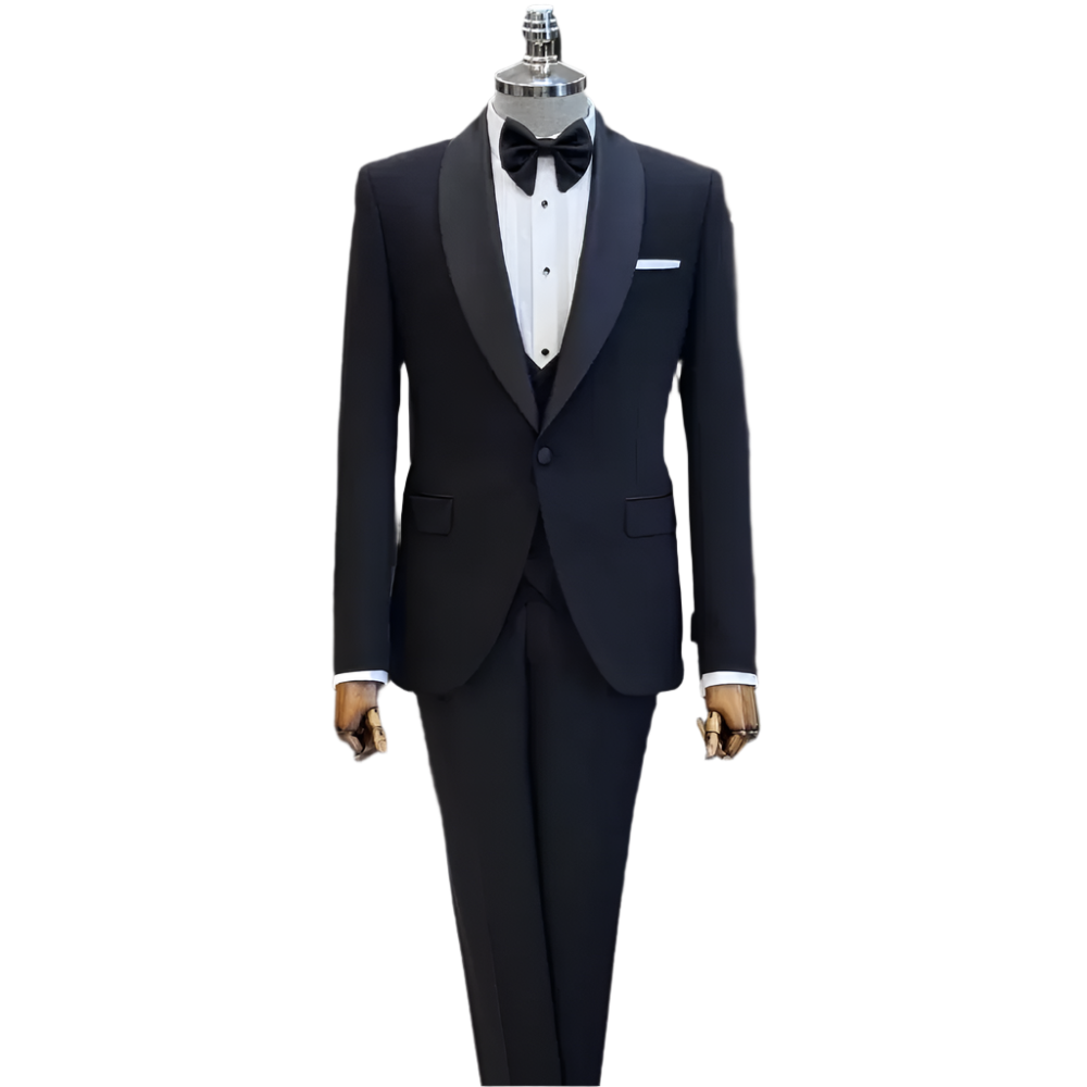 BeClassic™ Black Shawl Lapel Tuxedo – Elegant Slim-Fit Three-Piece Suit for Weddings & Banquets.
