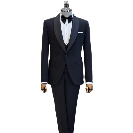 BeClassic™ Black Shawl Lapel Tuxedo – Elegant Slim-Fit Three-Piece Suit for Weddings & Banquets.