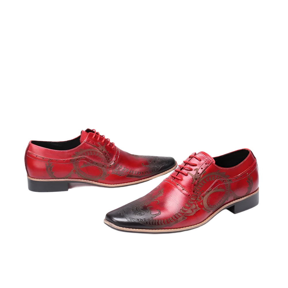BeClassic™ Handmade Loong Pattern Oxfords – Luxurious Red Leather Shoes for Celebrations & Weddings.