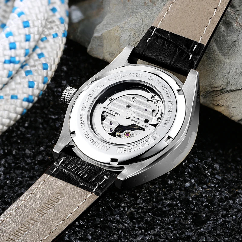 BeClassic™ CADISEN Automatic – Japanese MIYOTA Skeleton Watch with Sapphire Glass & Leather Strap.