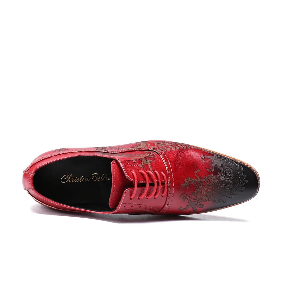 BeClassic™ Handmade Loong Pattern Oxfords – Luxurious Red Leather Shoes for Celebrations & Weddings.
