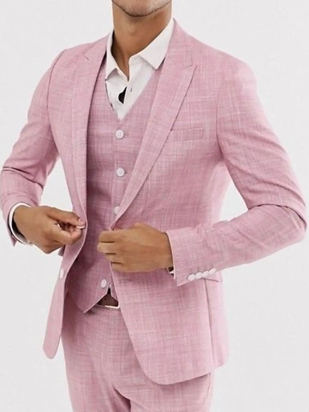 Pink Linen Summer Wedding Suits For Men Slim Fit Fashion Bridegroom Tuxedos Custom 3-Piece Jacket+Pants+Vest Terno Masculino