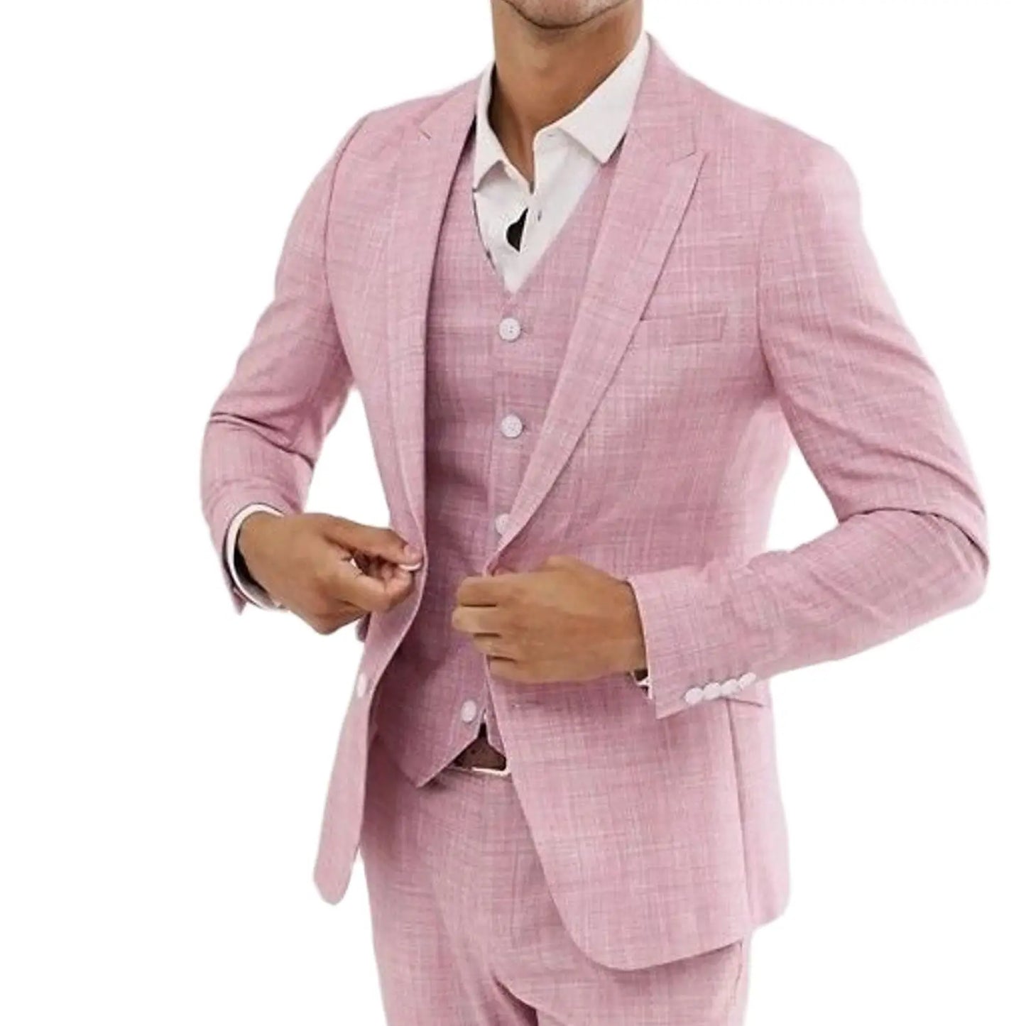 Pink Linen Summer Wedding Suits For Men Slim Fit Fashion Bridegroom Tuxedos Custom 3-Piece Jacket+Pants+Vest Terno Masculino