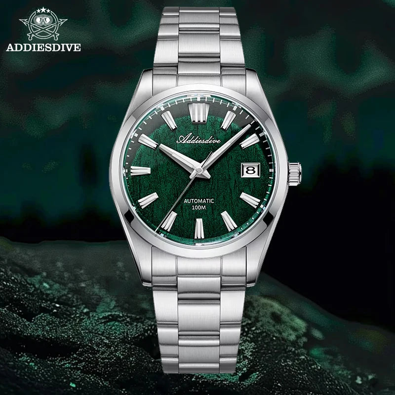 BeClassic™ ADDIESDIVE NH35 Automatic – Classic Green Dial Watch with Bark Texture & Sapphire Glass, 100M Waterproof.