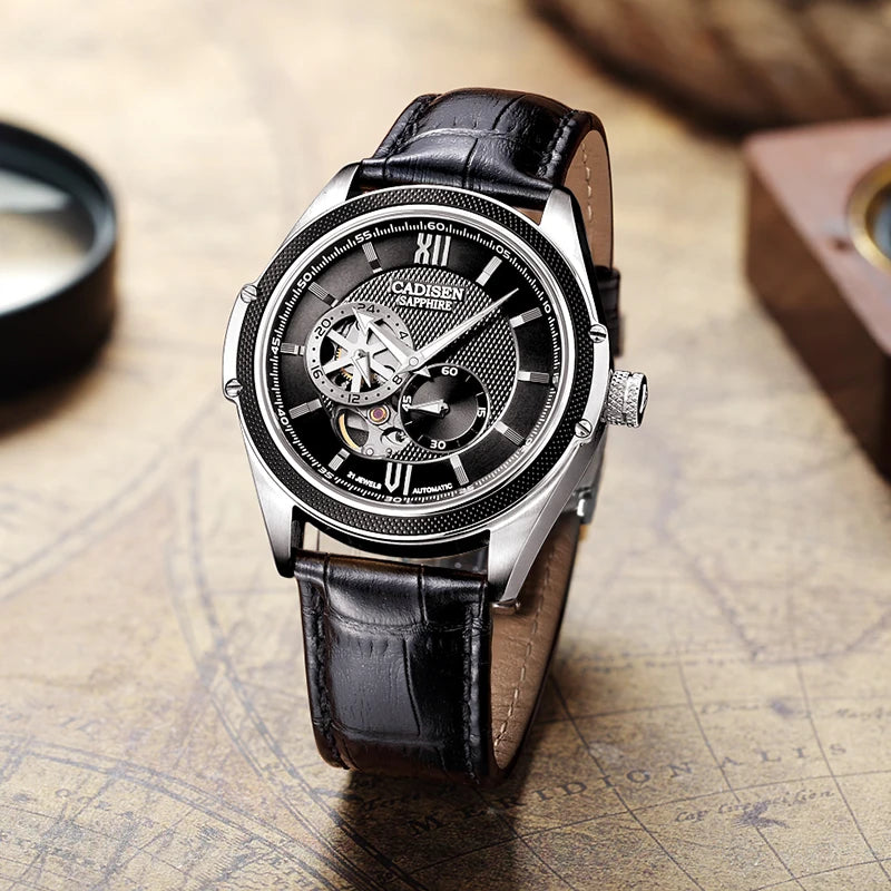 BeClassic™ CADISEN Automatic – Japanese MIYOTA Skeleton Watch with Sapphire Glass & Leather Strap.