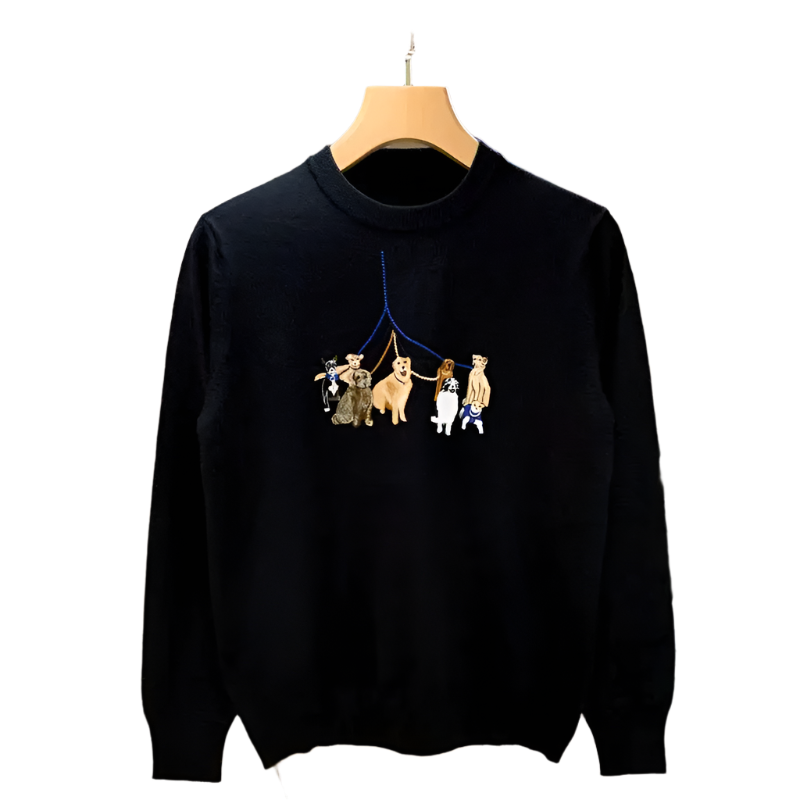 BeClassic™ Embroidered Dog Knit Sweater – Chic Long Sleeve Pullover with Playful Detailing.