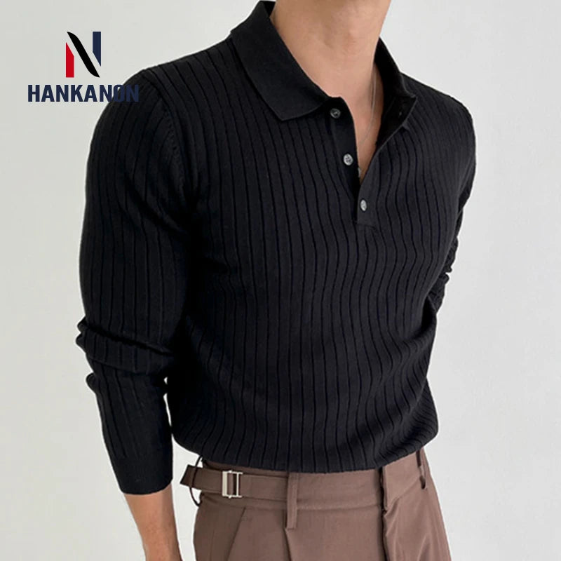 BeClassic™ Striped Knit Polo – Slim-Fit Long Sleeve Pullover for Business & Casual Elegance.