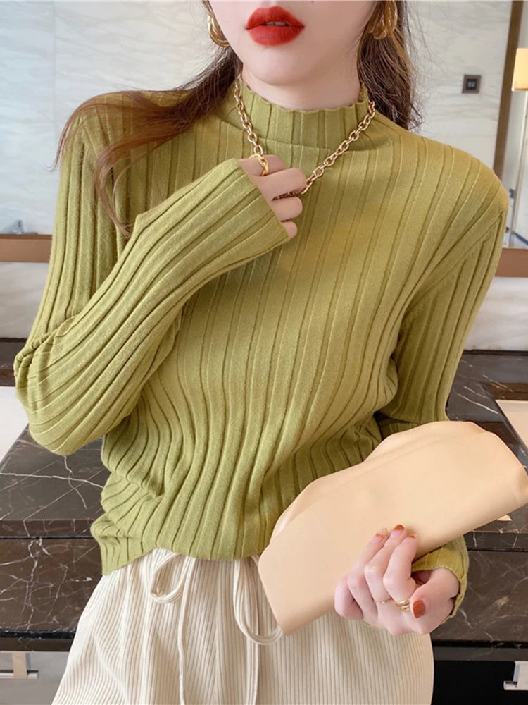 Autumn Winter Knitted Ribbed Turtleneck Sweater Women Clothes 2025 Long Sleeve Slim Basic Pullover Woman Sweaters Solid Tops