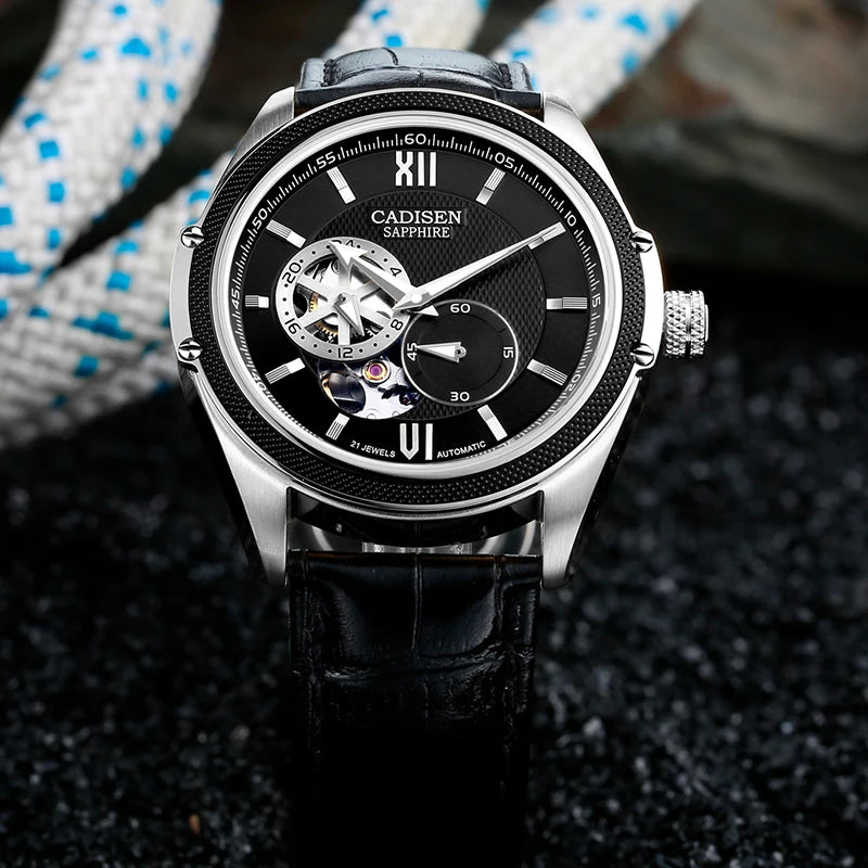 BeClassic™ CADISEN Automatic – Japanese MIYOTA Skeleton Watch with Sapphire Glass & Leather Strap.