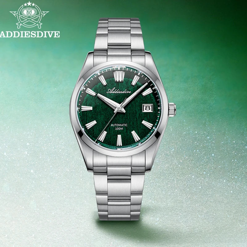 BeClassic™ ADDIESDIVE NH35 Automatic – Classic Green Dial Watch with Bark Texture & Sapphire Glass, 100M Waterproof.