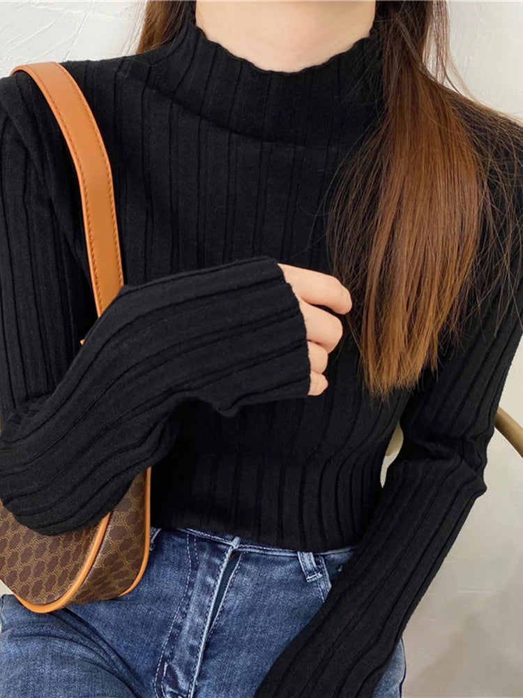 Autumn Winter Knitted Ribbed Turtleneck Sweater Women Clothes 2025 Long Sleeve Slim Basic Pullover Woman Sweaters Solid Tops