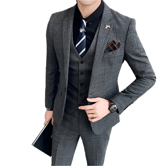 BeClassic™ Grey Plaid Three-Piece Suit – Timeless Elegance for Weddings & Business.