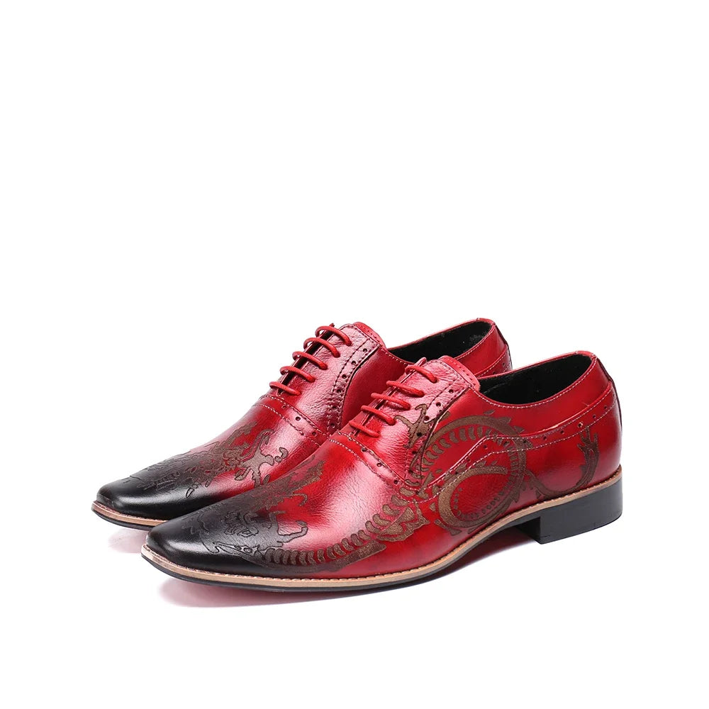 BeClassic™ Handmade Loong Pattern Oxfords – Luxurious Red Leather Shoes for Celebrations & Weddings.