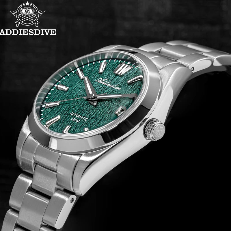 BeClassic™ ADDIESDIVE NH35 Automatic – Classic Green Dial Watch with Bark Texture & Sapphire Glass, 100M Waterproof.